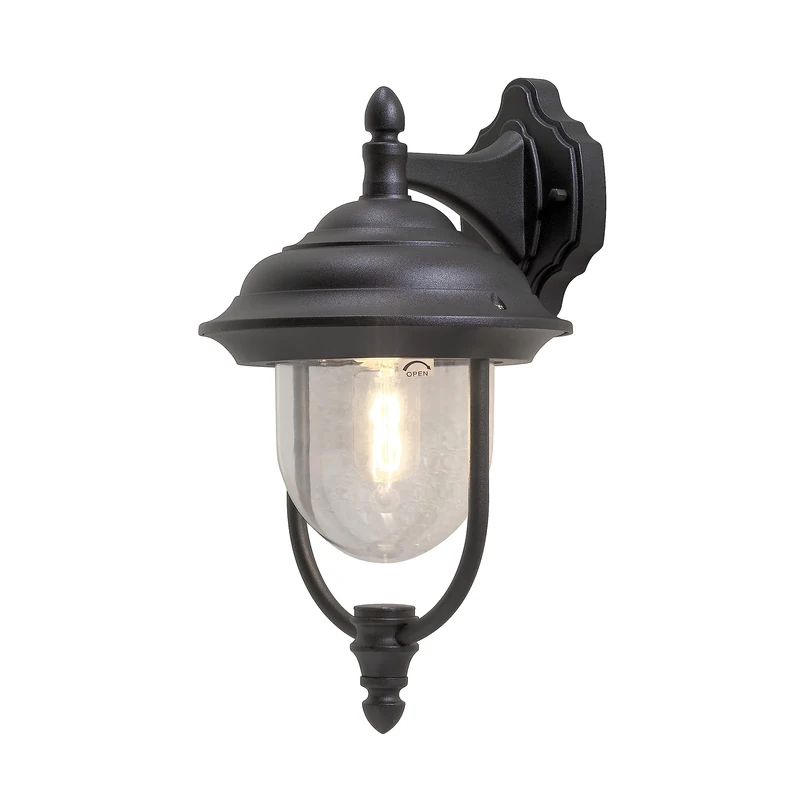 Konstsmide Outdoor Wall Light Mains Powered/Parma Large Down Traditional Lantern/1 x 75 W E27 Max Lamp/Clear Acrylic Globe/Aluminium/IP43/Outside Light Matt Black