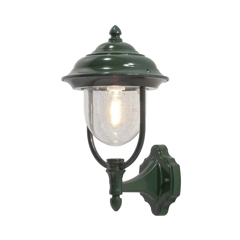 Konstsmide Outdoor Wall Light Mains Powered/Parma Large Up Traditional Lantern/1 x 75 W E27 Max Lamp/Clear Acrylic Globe/Aluminium/IP43/Outside Light Green