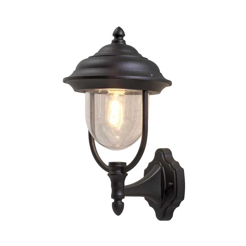 Konstsmide Outdoor Wall Light Mains Powered/Parma Large Up Traditional Lantern/1 x 75 W E27 Max Lamp/Clear Acrylic Globe/Aluminium/IP43/Outside Light Matt Black