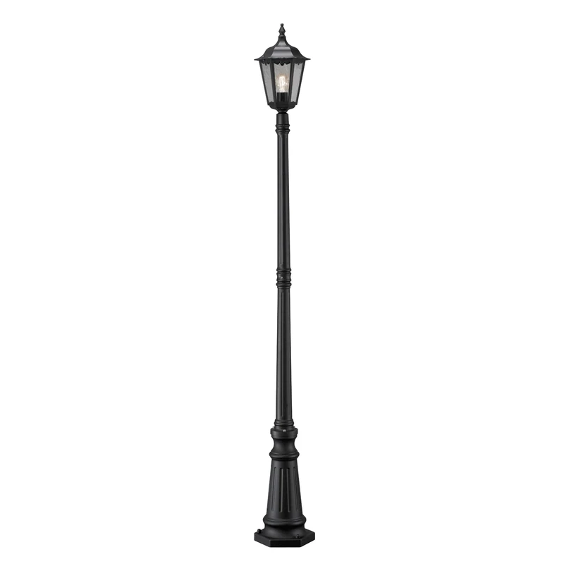 Konstsmide Firenze Post Single Column Outdoor Light / 2.1m High / 1 x 100 W E27 Max Lamp Post / Clear Glass / Aluminium / IP43 / Outside Light Matt Black