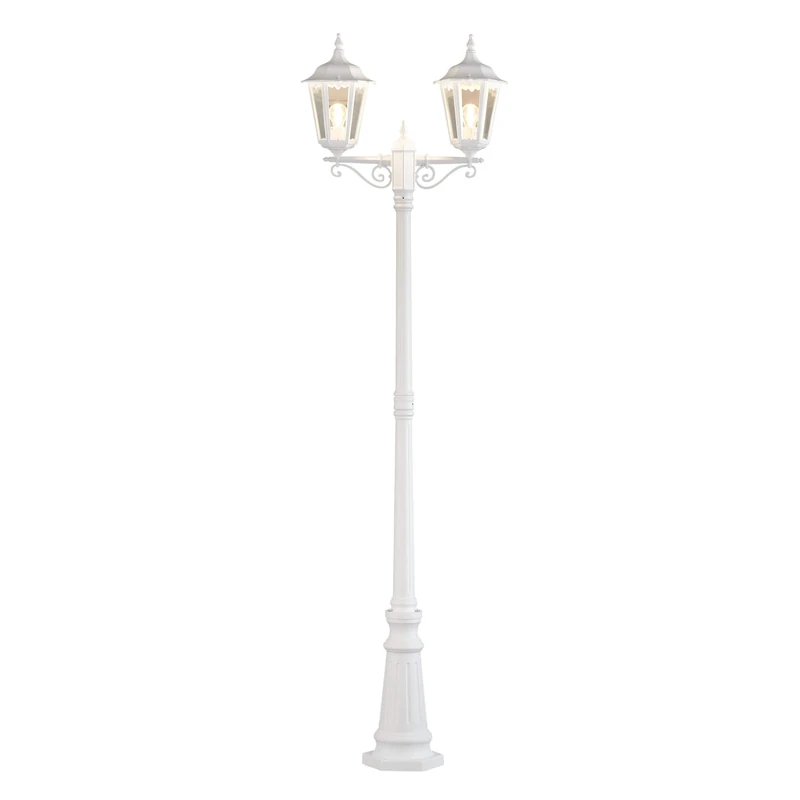 Konstsmide Firenze Double Head Column Outdoor Light / 2.2m High / 2 x 100 W E27 Max Lamp Post / Clear Glass / Aluminium / IP43 / Outside Light Matt White