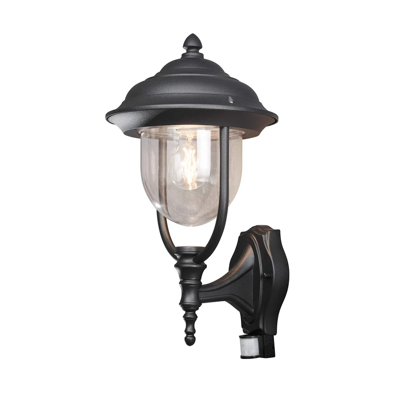 Konstsmide Outdoor Wall Light Mains Powered/Parma Up Traditional Lantern with PIR Sensor Motion Detector/1 x 75 W E27 Max Lamp/Clear Acylic Glass/Aluminium/IP43/Outside Light Matt Black