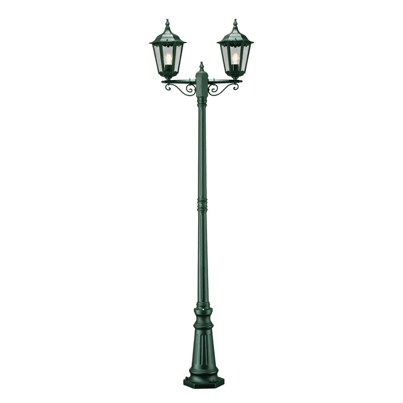 Konstsmide Firenze Double Head Column Outdoor Light / 2.2m High / 2 x 100 W E27 Max Lamp Post / Clear Glass / Aluminium / IP43 / Outside Light Green