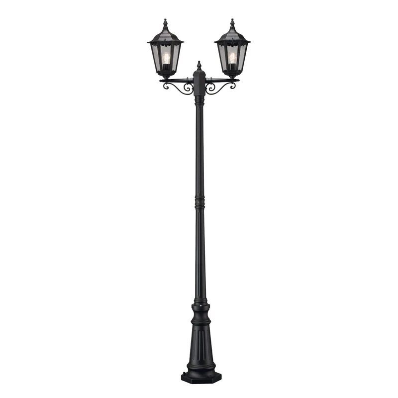 Konstsmide Firenze Double Head Column Outdoor Light / 2.2m High / 2 x 100 W E27 Max Lamp Post / Clear Glass / Aluminium / IP43 / Outside Light Matt Black