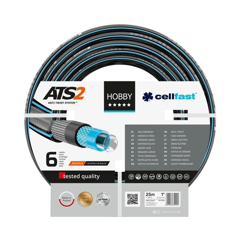 Cellfast Garden Hose Hobby ATS2 1'' 25m, Flexible 6-Layer Hose, Double Braid with Cross and Tricot Fabric, 30 Bar Burst Pressure, 16-230