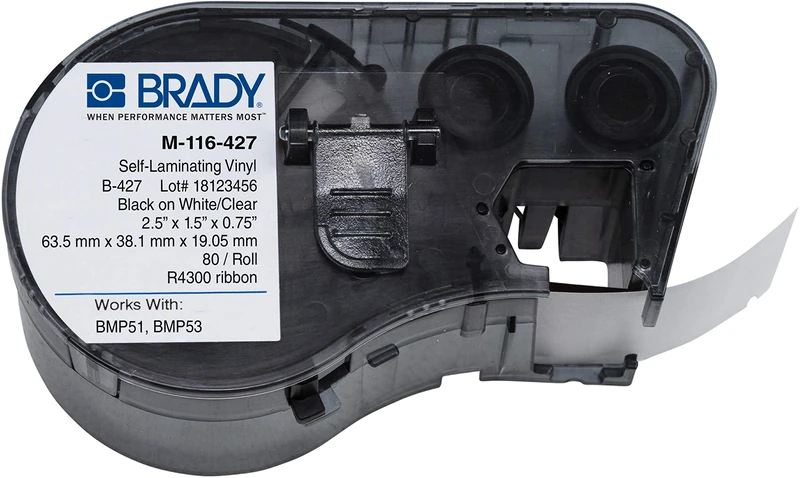 Brady M-116-427 Vinyl B-427 Black on White/Clear Label Maker Cartridge, 2-1/2" Width x 1-1/2" Height, For BMP51/BMP53 Printers