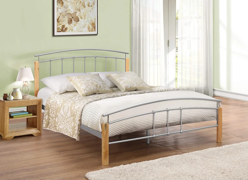 Birlea Tetras Bed - Metal, Silver and Beech, Double