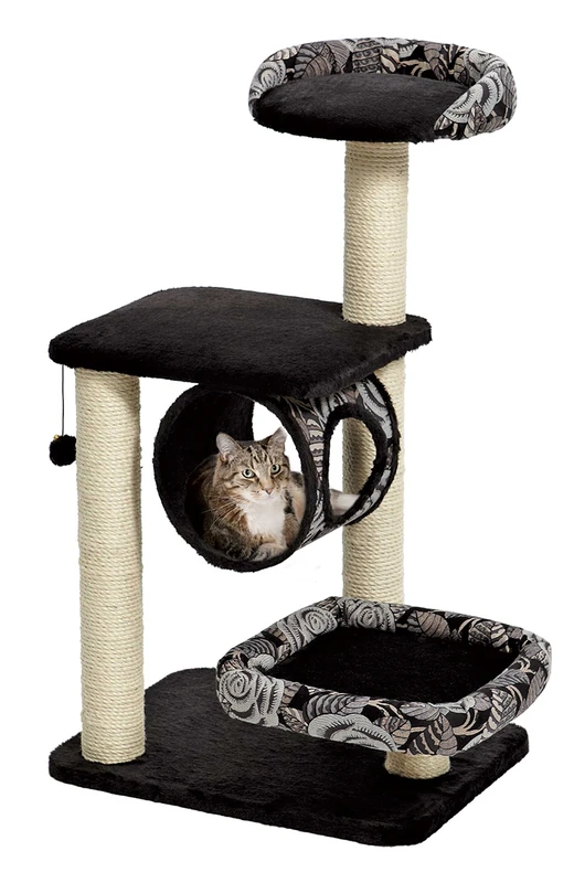 MidWest Homes for Pets Cat Tree ;Escapade Cat Furniture, 4-Tier Cat Activity Tree w/Sisal Wrapped Support Scratching Posts & Lounging Cat Look-Out, Black/White Pattern, Medium Cat Tree; Model 138E-BK