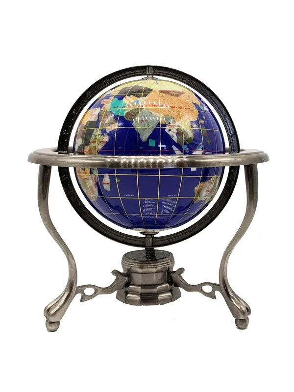Unique Art 10-Inch Tall Table Top Blue Lapis Ocean Gemstone World Globe with Silver Tripod Stand
