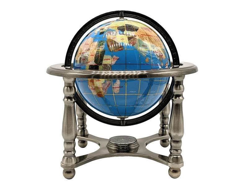 Unique Art 10-Inch Tall Turquoise Ocean Gemstone World Globe with 4 Leg Silver Stand