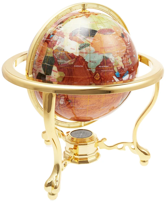 Unique Art 13-Inch Tall Table Top Amberllite Pearl Gold Stand Gemstone World Globe with Gold Tripod Stand