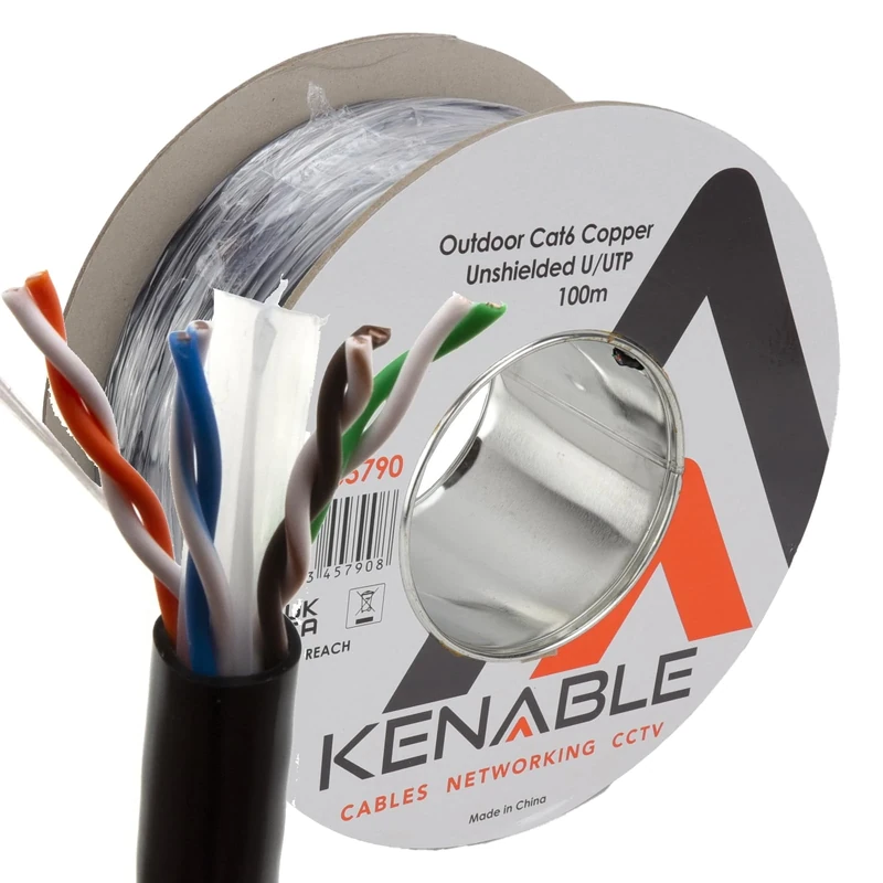 kenable External CAT6 Outdoor Use COPPER Ethernet Network Cable Reel UTP 100m Black [100 metres] for Networking, POE, CCTV and Gate Control.