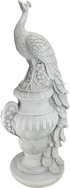 Design Toscano Staverden Castle Peacock on an Urn Garden Statue, 86.5 cm, Polyresin, Antique Stone, White