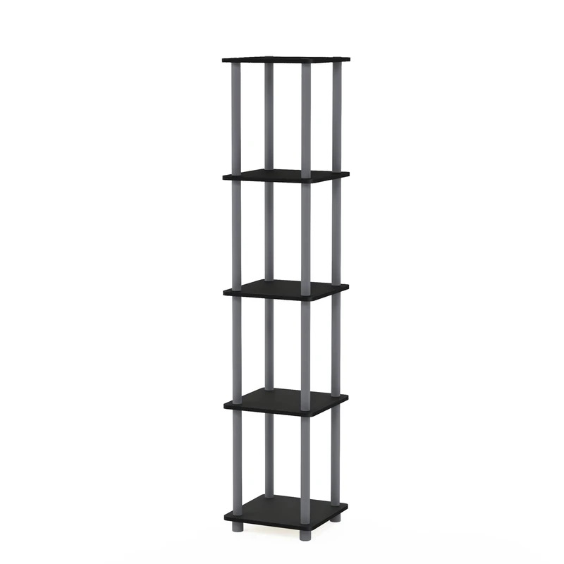 Furinno TURN-N-TUBE Storage Shelves, 5-Tier Square Book Shelf, Corner Shelf, Toolless Open Shelves, Round Tubes, for Organization and Storage, Living Room, Garage, Home Office, Black