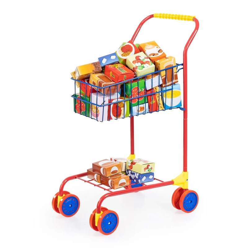 Bayer Design 75002AA Kids shopping cart, trolley, with toy food boxes, colourful