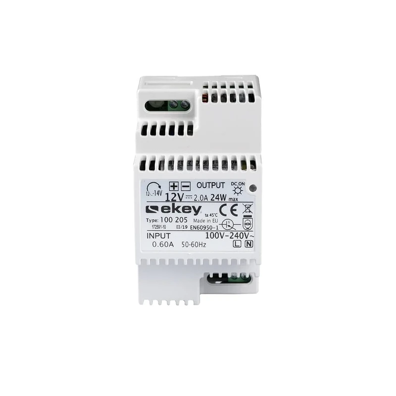 EKEY 100205 Power supply for DIN rail mounting with 230 VAC/12 VDC/2 A, For supplying power to ekey access systems for your home, gray