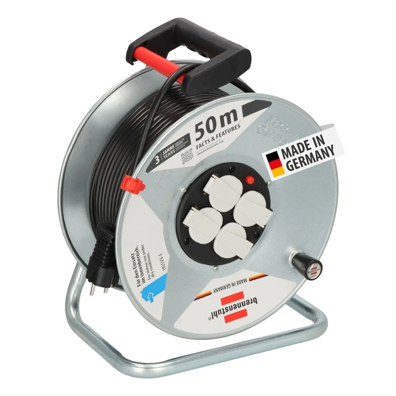 Brennenstuhl Garant S 4 E Cable Reel 50 m Made of Sheet Steel for Indoor Use Made in Germany Silver