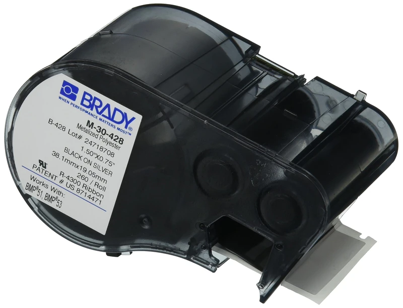 Brady M-30-428 Polyester B-428 Black on Silver Label Maker Cartridge, 3/4" Width x 1-1/2" Height, For BMP51/BMP53 Printers - Image 1