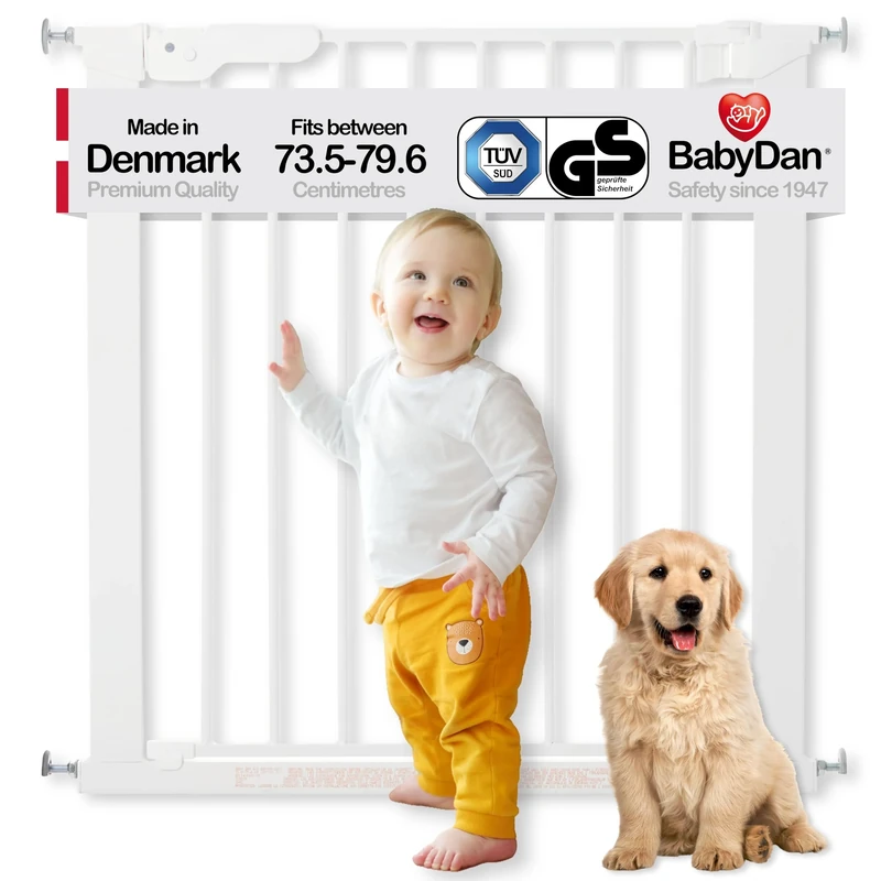 BabyDan Premier, Pressure Fit Stair Gate, 73.5-79.6 cm, Baby Gate/Safety Gate, Metal, White, Made in Denmark - (Pet Gate/Dog gate)