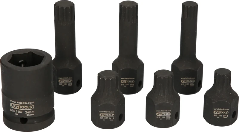 KS Tools 515.1160 Impact Socket Set XZN (7 Pieces) M14-M18 1/2-inch Deep