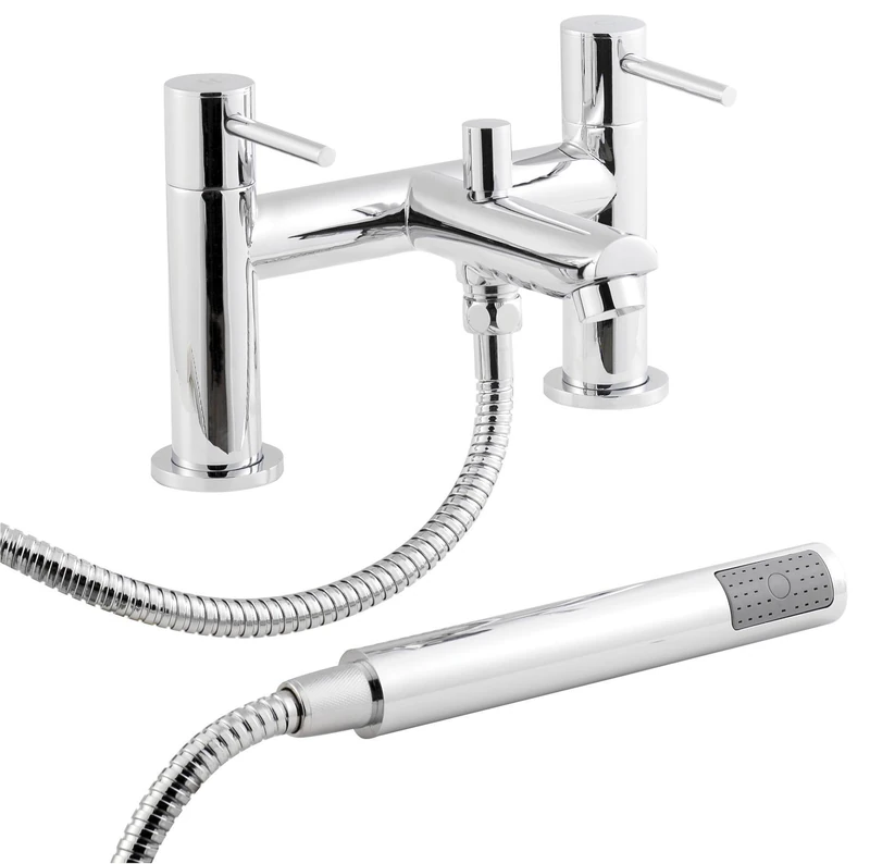 Nuie FJ314 Series Two ǀ Modern Bathroom Round Deck Mounted Bath Filler Tap with Shower Kit and Wall Bracket, 226 x 142 x 146mm, Chrome