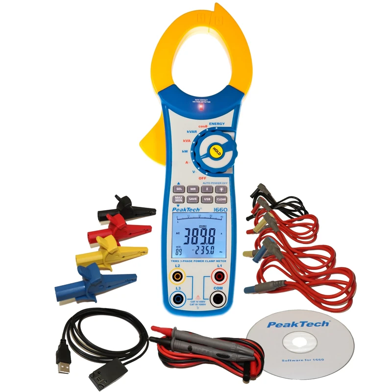 PeakTech 1660 - Digital Clamp Meter with USB, 4-Digit LCD Display, 1000A AC, 9999 Counts, Digital Multimeter for kW, kWh, kVA, TÜV/GS, Current Measurement, Contactless Voltmeter, Continuity Tester