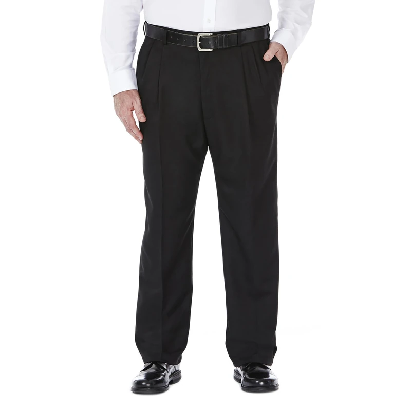Haggar Men's Cool 18 Hidden Expandable Waist Pleat Front Pant-Regular and Big & Tall Sizes, Black Gabardine, 56W x 30L