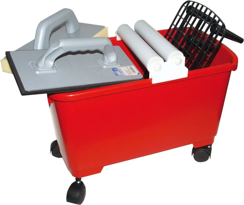 HAROMAC Tile Washing Set 9 Pieces 22 L Wash Bucket in Red with Wheels, Roller Attachment for Washing Bucket, Grid Black, Plastic Driver Hydro 28 x 14 x 3 cm, Plastic Rider ZKS 28 x 14 x 1 cm