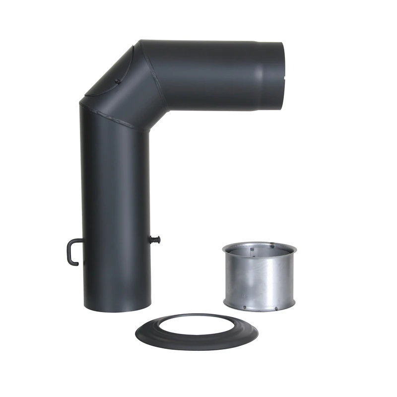 Kamino - Flam 3 Piece Elbow Pipe Set Ø 12cm, Heat Resistant Senotherm Lacquered Elbow Chimney Stove Pipe with Throttle Valve and Door, Double Wall Lining and Rosette, EN 1856-2 Standard, Black