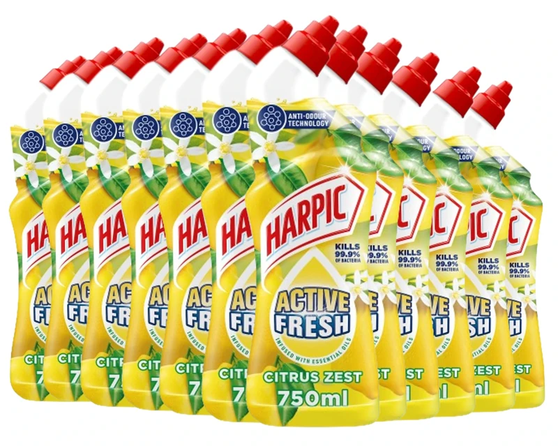 Harpic Active Fresh Toilet Cleaning Gel, Citrus Zest , Pack 12 x 750 ml, Infused with Essential Oils, Kills 99.9% of Bacteria, Toilet Cleaner