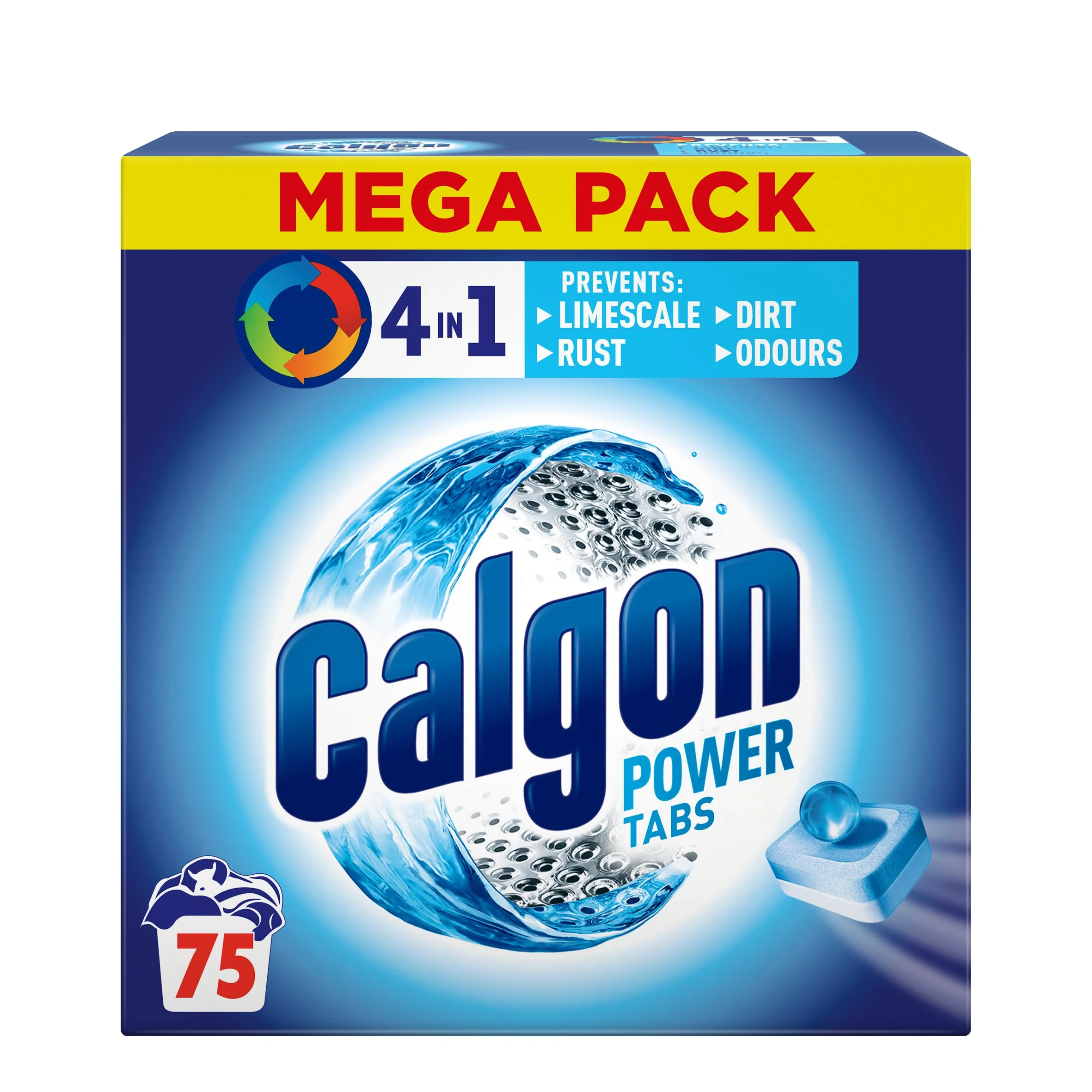 Calgon 4-in-1 Washing Machine Cleaner and Water Softener Tablets, 75 Count , Removes Limescale, Residue, Dirt, Rust & Malodours , Deep Clean , XL Pack Size