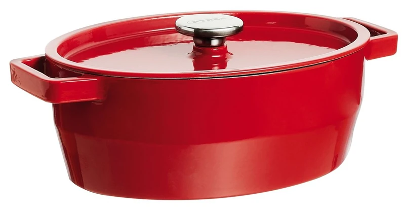 PYREX 29 cm Oval Cast Iron Slow Cook Enamelled Casserole, Red