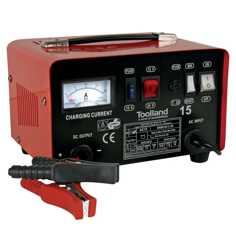 Toolland AC15 charger for 12 V/24 V lead acid batteries with boost function, 300 mm x 210 mm x 185 mm
