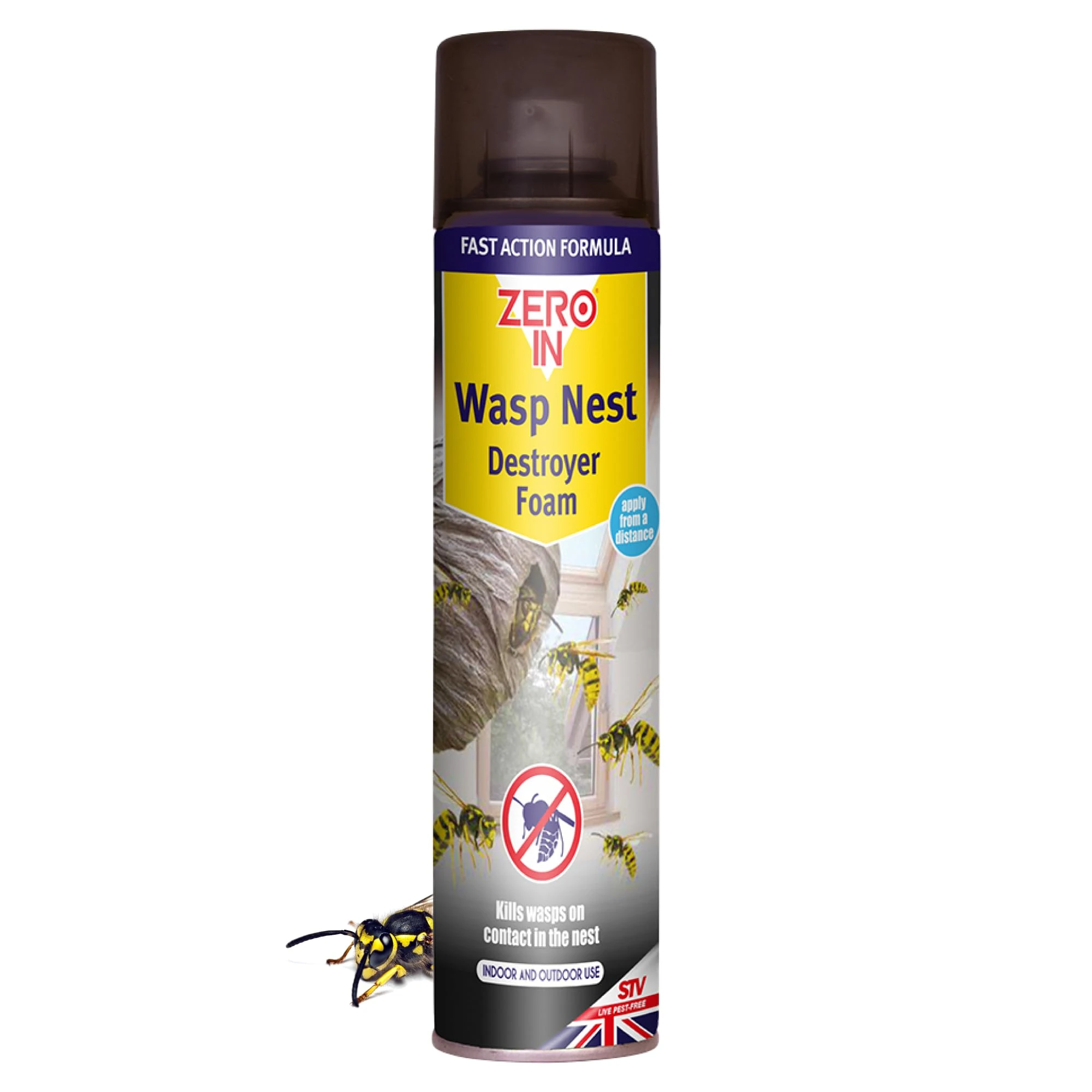 Zero In Wasp Nest Killer - Insecticidal Wasp Nest Destroyer Foam Spray for Indoor & Outdoor Nest Removal - Fast-Acting Foam, Effective Wasp Spray Up to 2 Metres, 2-3 Treatments Per Can - 300ml Aerosol