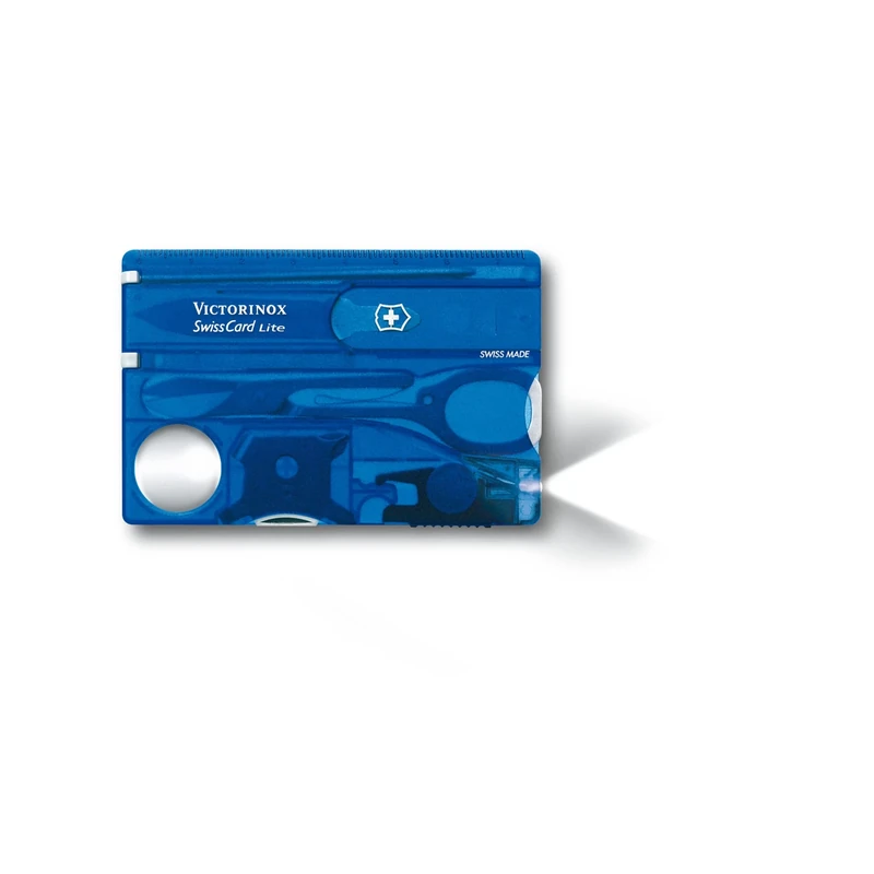 Victorinox Swiss Card Lite, Swiss Made Pocket Tool, 13 Functions, LED, Magnifier, Blue Transparent