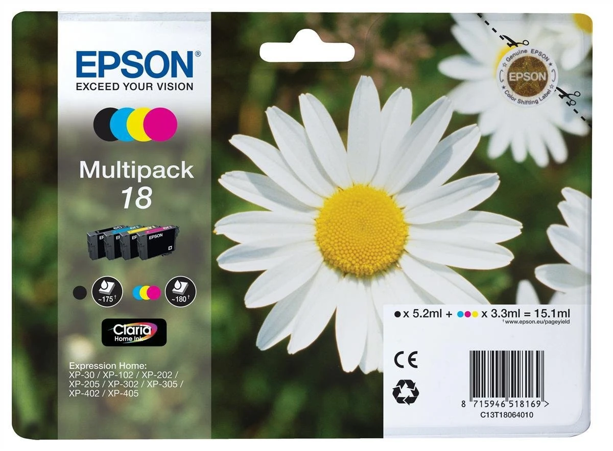 Epson 18 Daisy Genuine Multipack, 4-colours Ink Cartridges, Claria Home Ink