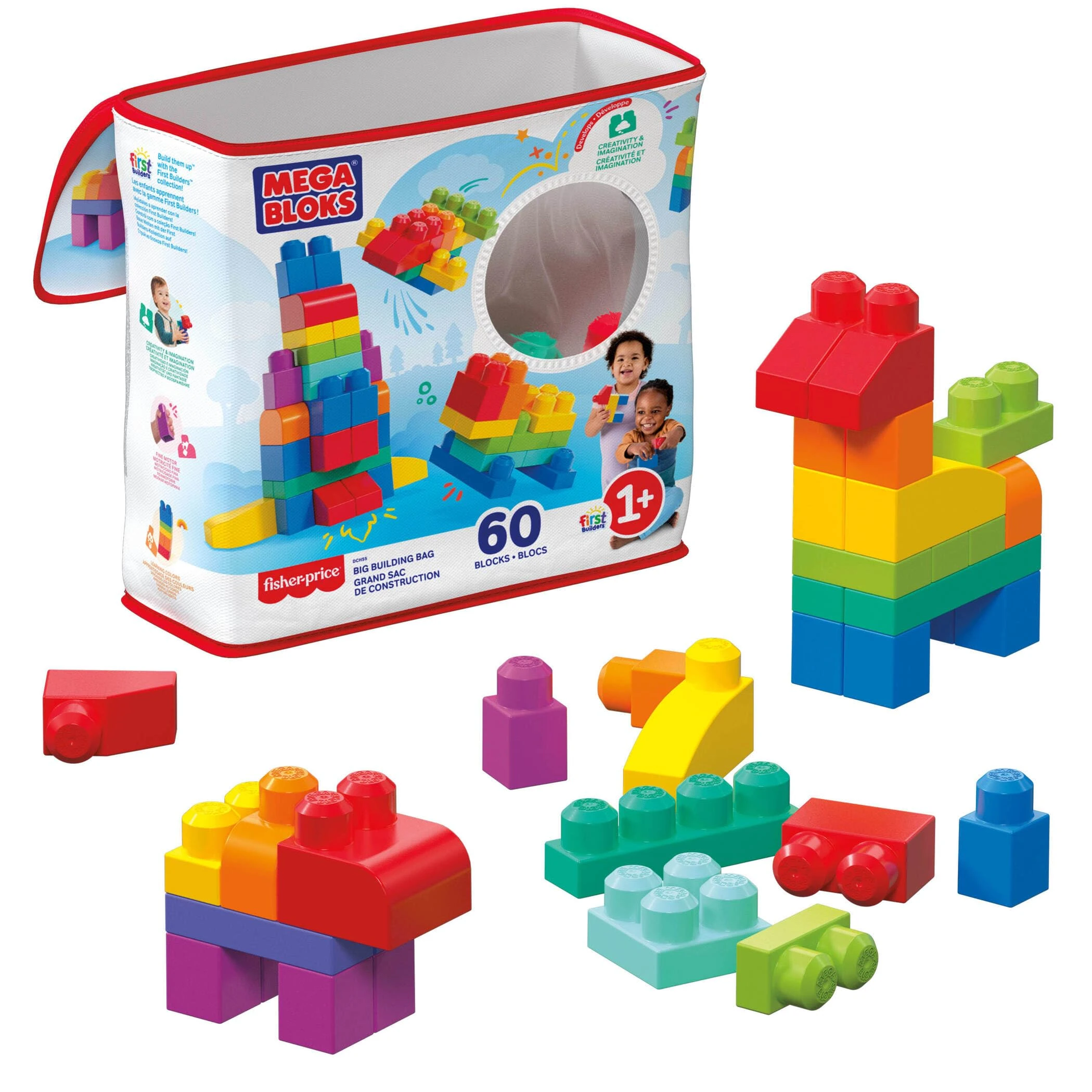 MEGA BLOKS Big Building Bag building set with 60 big and colorful building blocks, and 1 storage bag, toy gift set for ages 1 and up, DCH55