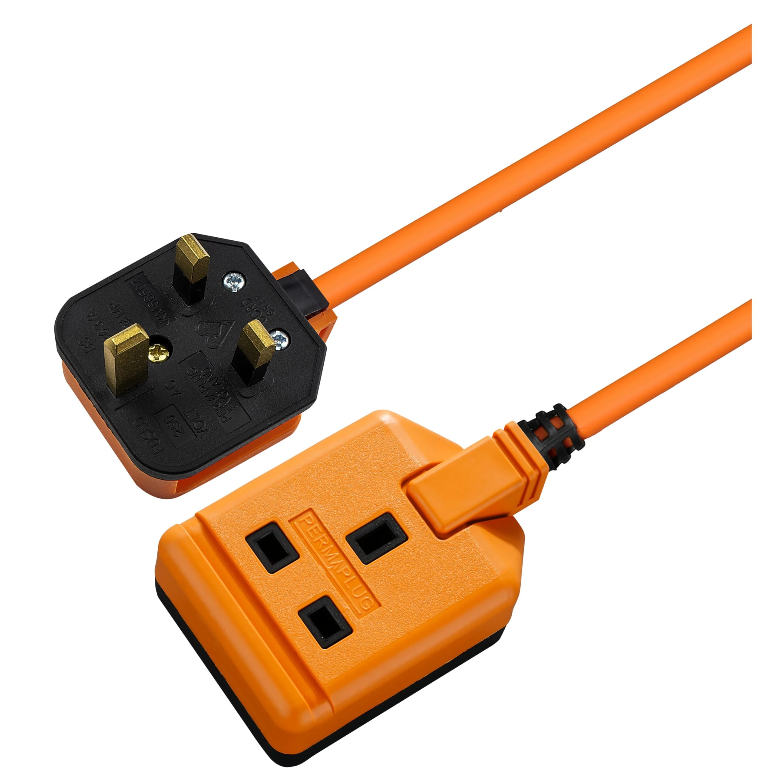 Masterplug One Socket Single Extension Lead, 5 Metre Cable, Unswitched, Heavy Duty, Rewireable, 1-Way Plug Extension Cable, Work Power, Permaplug, Orange, 13A, 1G, 5m, EXS1315O