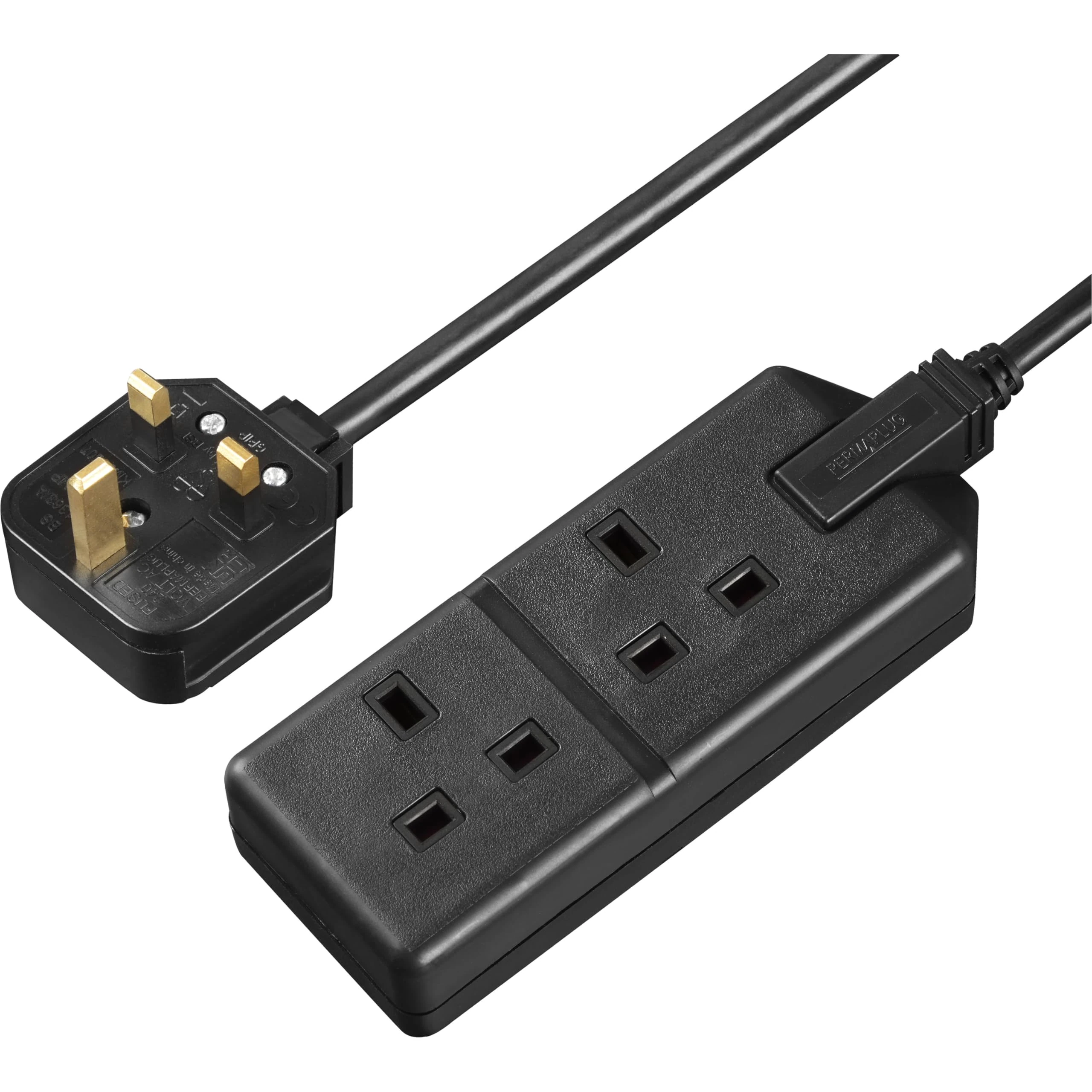 Masterplug Two Socket Double Extension Lead, 4 Metre Cable, Unswitched, Heavy Duty, Rewireable, 2-Way Plug Extension Cable, Work Power, Permaplug, Black, 13A, 2G, 4m, EXS1324B