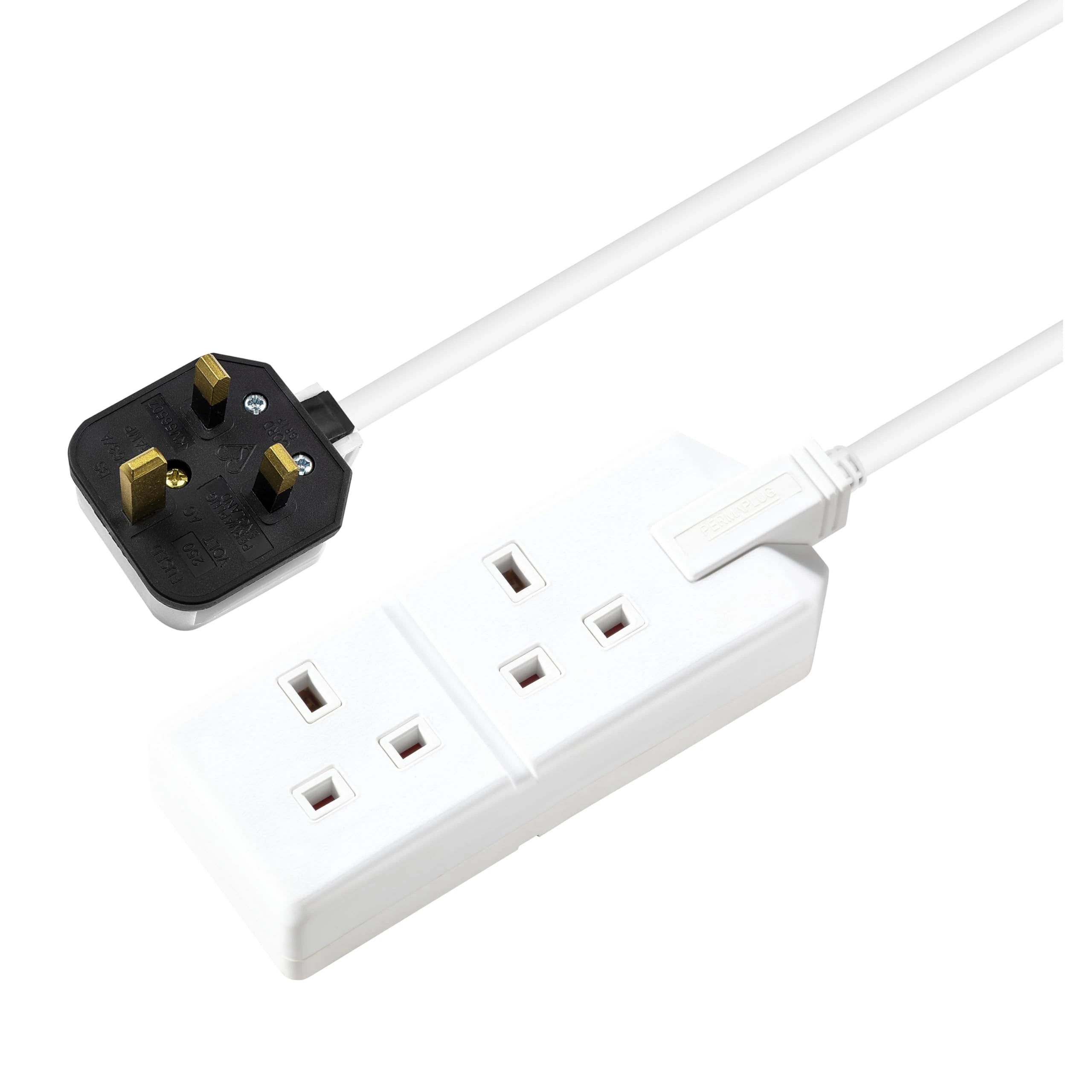 Masterplug Two Socket Double Extension Lead, 4 Metre Cable, Unswitched, Heavy Duty, Rewireable, 2-Way Plug Extension Cable, Work Power, Permaplug, White, 13A, 2G, 4m, EXS1324W