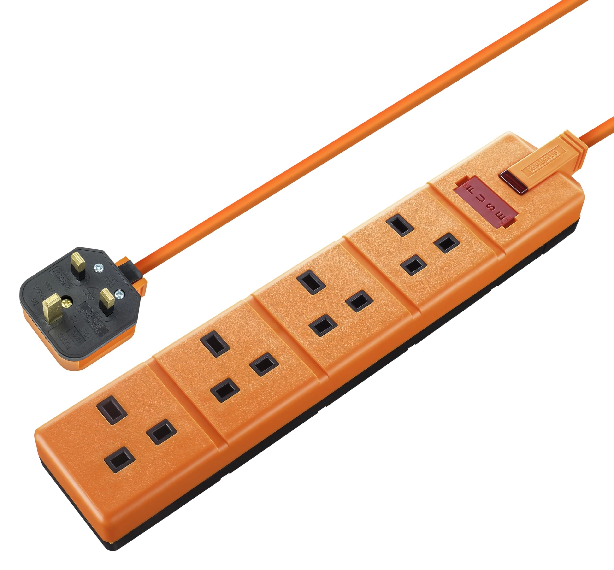 Masterplug Four Socket Extension Lead, 2 Metre Cable, LED Power Indicator, Unswitched, Heavy Duty, Rewireable, Power Strip, Work Power, Permaplug, Orange, 13A, 4G, 2m, EXS1342O