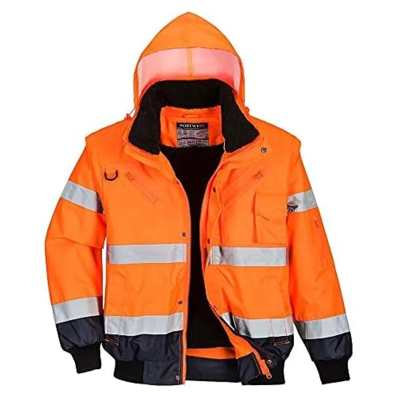 Portwest C465 Hi-Vis 3-in-1 Waterproof Contrast Hooded Bomber Jacket with Pockets - Reflective Outdoor Safety Security Workwear Coat, Orange/Navy, S