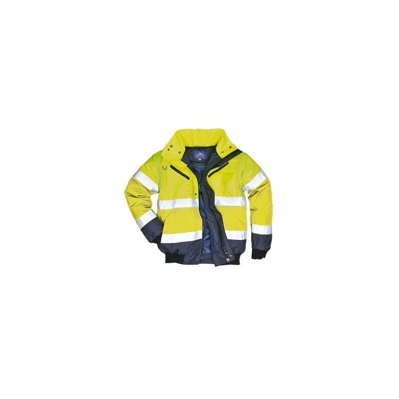 Portwest C465 Hi-Vis 3-in-1 Waterproof Contrast Hooded Bomber Jacket with Pockets - Reflective Outdoor Safety Security Workwear Coat, Yellow/Navy, L