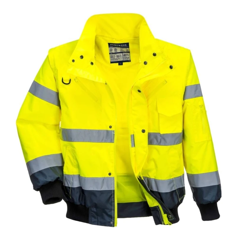 Portwest C465 Hi-Vis 3-in-1 Waterproof Contrast Hooded Bomber Jacket with Pockets - Reflective Outdoor Safety Security Workwear Coat, Yellow/Navy, 3XL