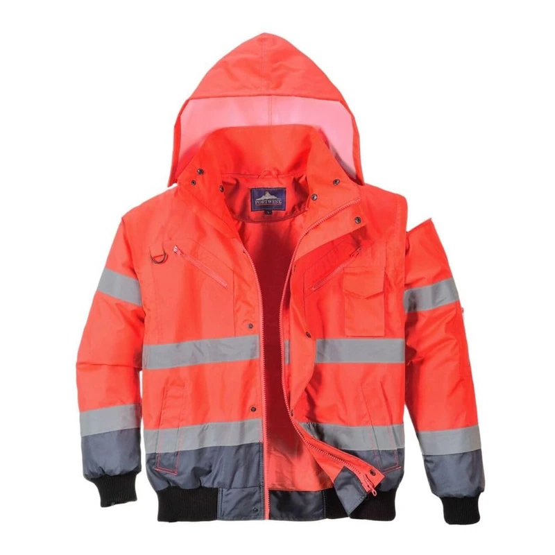 Portwest C465 Hi-Vis 3-in-1 Waterproof Contrast Hooded Bomber Jacket with Pockets - Reflective Outdoor Safety Security Workwear Coat, Red/Navy, S