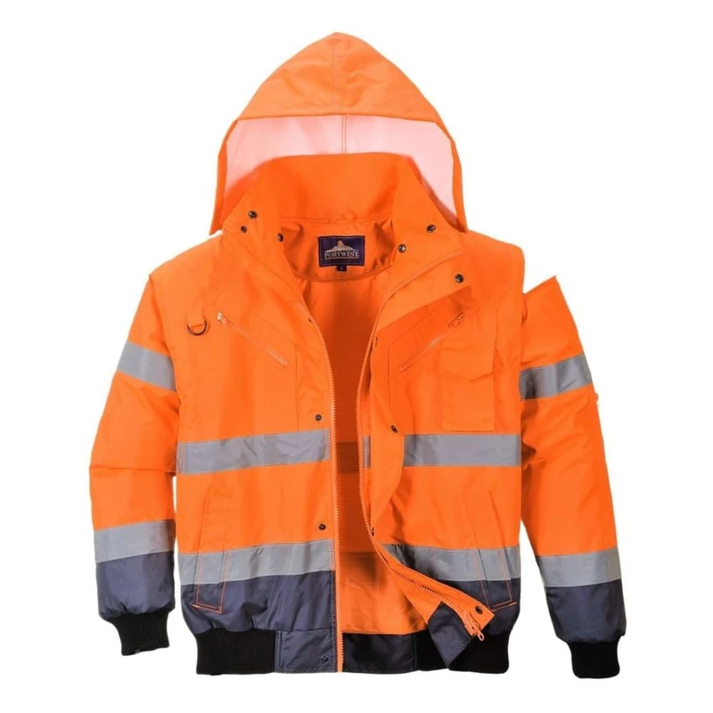Portwest C465 Hi-Vis 3-in-1 Waterproof Contrast Hooded Bomber Jacket with Pockets - Reflective Outdoor Safety Security Workwear Coat, Orange/Navy, M