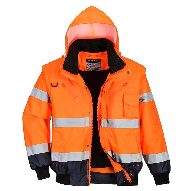 Portwest C465 Hi-Vis 3-in-1 Waterproof Contrast Hooded Bomber Jacket with Pockets - Reflective Outdoor Safety Security Workwear Coat, Orange/Navy, XXL