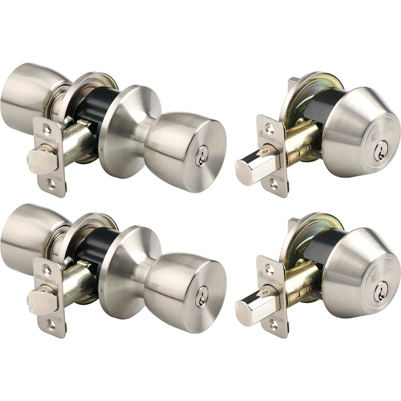 BRINKS 2798-119 Bell Style Keyed Alike Door Knob and Deadbolt Set, Satin Nickel, 2-Pack
