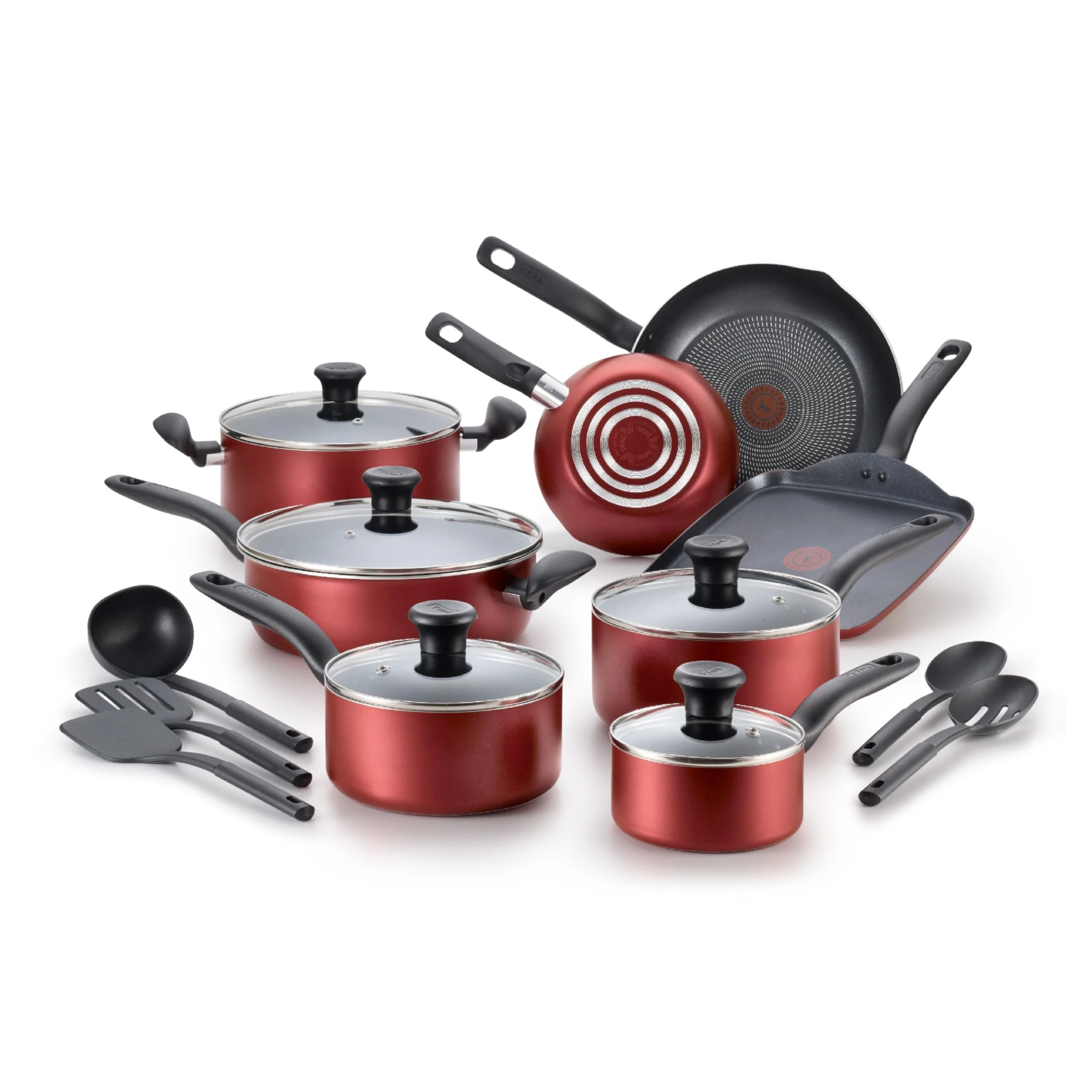 Tefal 2100100487 T-FAL Initiatives, Dishwasher Safe Nonstick Cookware Set, 18 Piece, Red Inside and Out, Aluminum