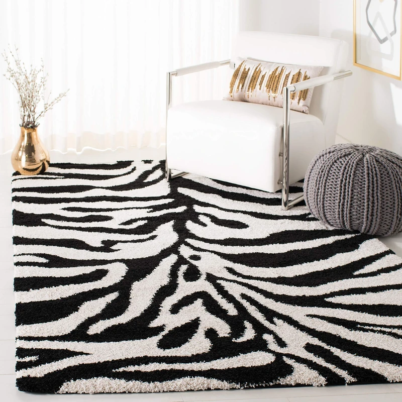 Safavieh Shaggy Indoor Woven Rectangle Area Rug, Florida Shag Collection, SG452, in Ivory / Black, 99 X 160 cm for Living Room, Bedroom or Any Indoor Space